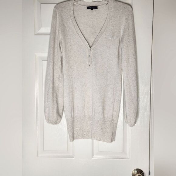 BCBGMAXAZRIA L Cream Lngslvs V-neck 1/4 Buttons ANGORA WOOL Blend Women Sweater - Picture 1 of 10
